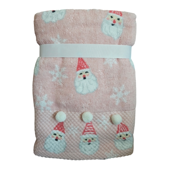 Set of 2 Deborah Connolly PINK Christmas Santa Pom Pom Hand Towels New - Picture 2 of 6